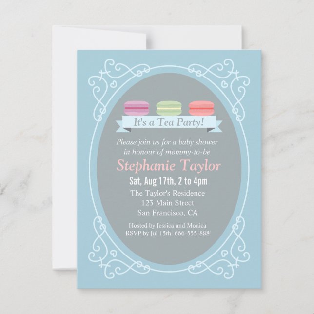 Invitation Baby shower, bleu et gris de thé de Macaron (Devant)