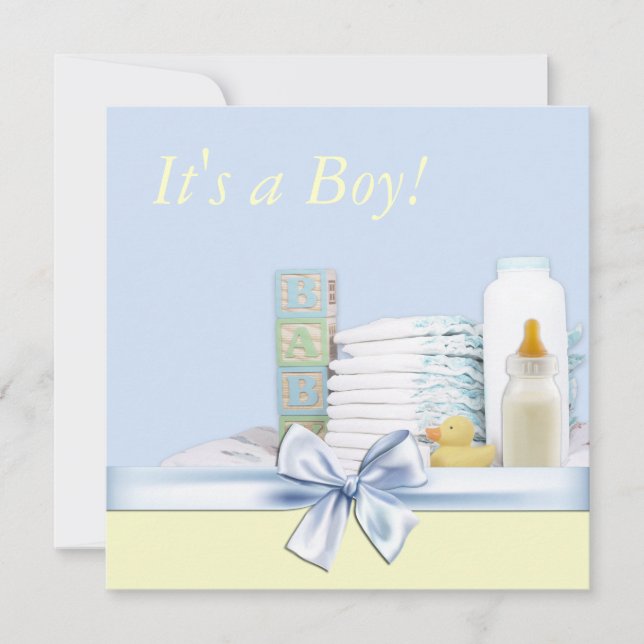 Invitation Baby Shower Bleu et Jaune pour Garçon (Devant)