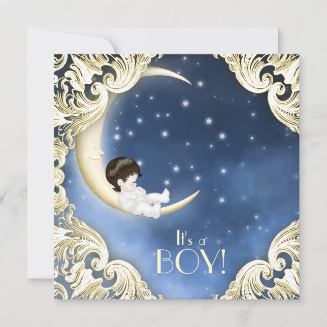 Invitation Baby Shower Bleu et Jaune sous la Lune (Devant)