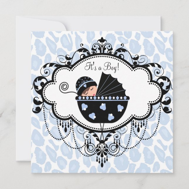 Invitation Baby Shower Bleu et Noir (Devant)