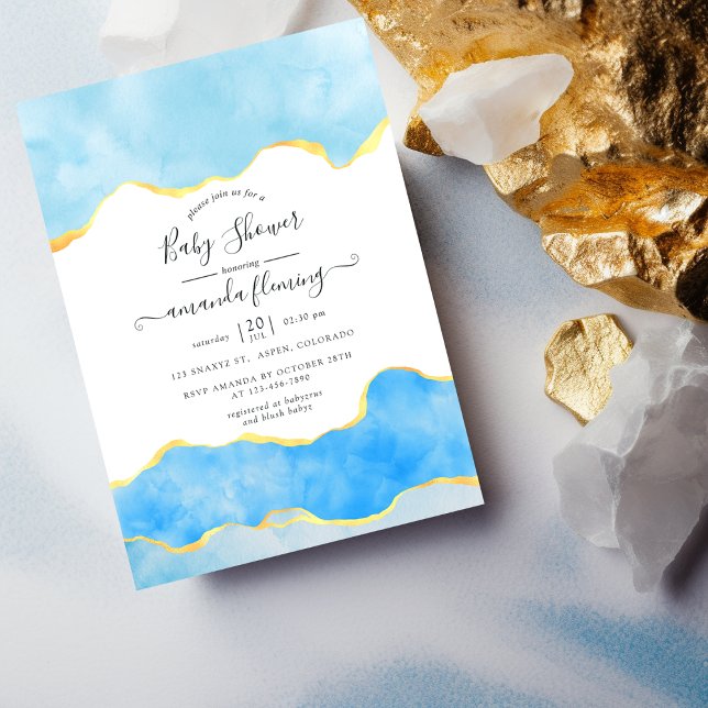 Invitation Baby shower bleu et or Agate Garçon (Créateur téléchargé)