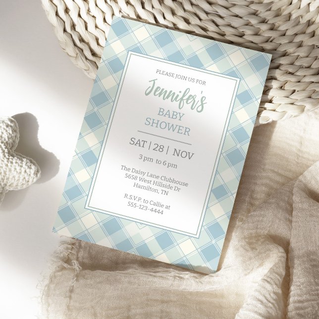 Invitation Baby shower bleu et vert poussiéreux (Gingham Plaid baby Shower Invitation Dusty Blue and Sea Foam Green)
