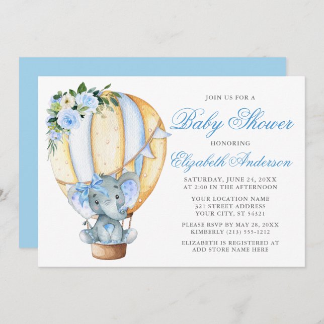 Invitation Baby shower Bleu Floral Balloon Elephant Bow (Devant / Derrière)