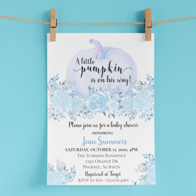 Invitation Baby Shower Bleu Floral Garçon Citrouille Automne (Créateur téléchargé)