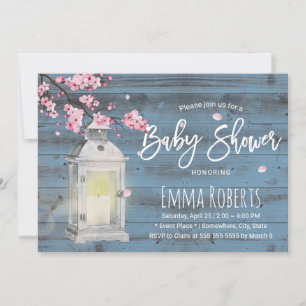 Invitation Baby shower bleu foncé cerise en fleurs