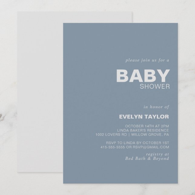 Invitation Baby shower bleu formel minimaliste élégant (Devant / Derrière)