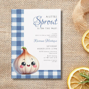 Invitation Baby Shower Bleu Gingham et Petit Poussin à l'Ail