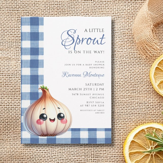 Invitation Baby Shower Bleu Gingham et Petit Poussin à l'Ail (Créateur téléchargé)
