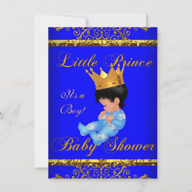 Invitation Baby shower Bleu Gold Boy Prince Crown 3 (Devant)