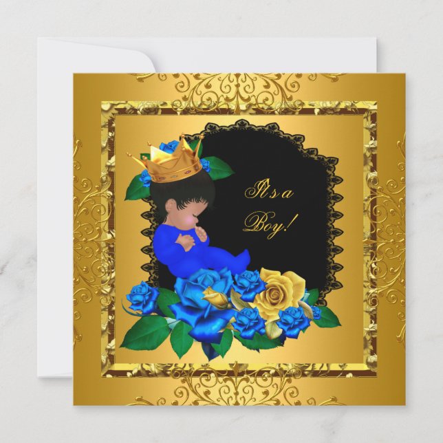 Invitation Baby shower Bleu Gold Boy Prince Crown 5 (Devant)