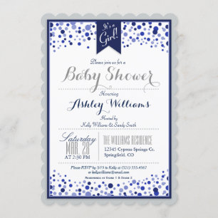 Invitation Baby shower bleu gris, argent, blanc et marine