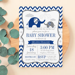 Invitation Baby shower bleu gris de la marine éléphante