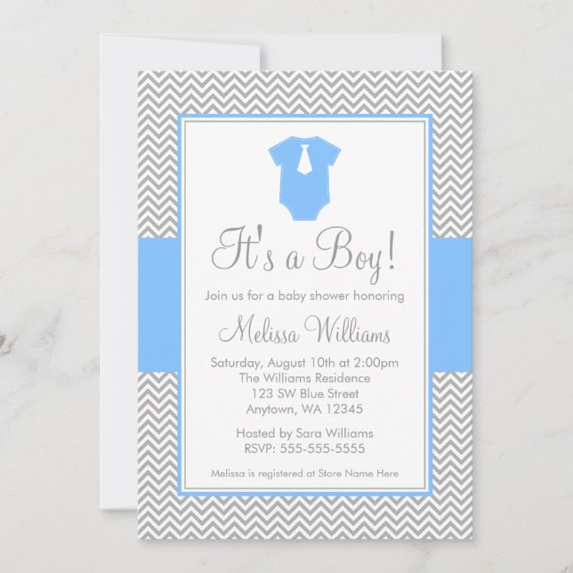 Invitation Baby shower bleu gris de Little Man (Devant)