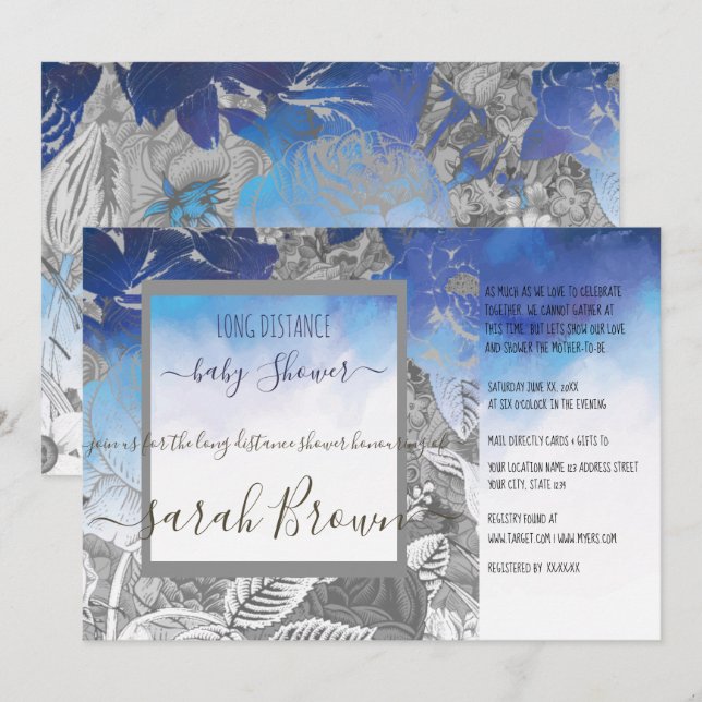 INVITATION BABY SHOWER BLEU & GRIS VINTAGE LONG DISTANCE (Devant / Derrière)