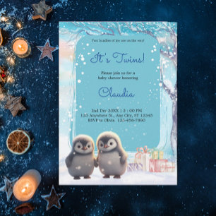 Invitation Baby shower Bleu Hiver Jumeaux Pingouins