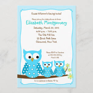 Invitation Baby shower BLEU HOOT OWLS TWINS 5x7