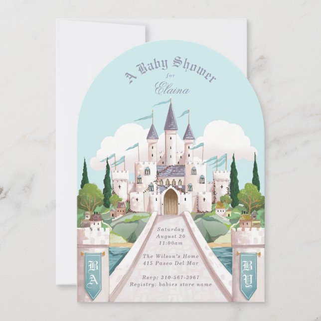 Invitation Baby shower bleu illustré Storybook Castle (Devant)