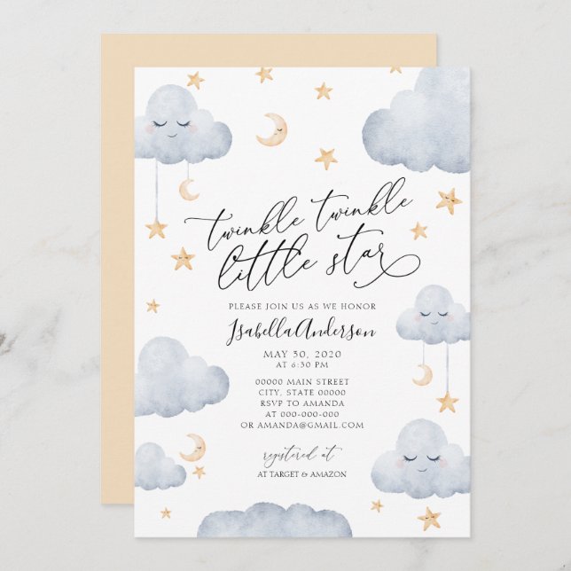 Invitation Baby shower bleu jaune Twinkle Little Star (Devant / Derrière)