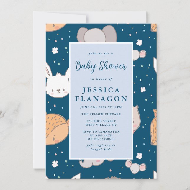 Invitation Baby shower bleu Jungle animal modifiable Safari (Devant)