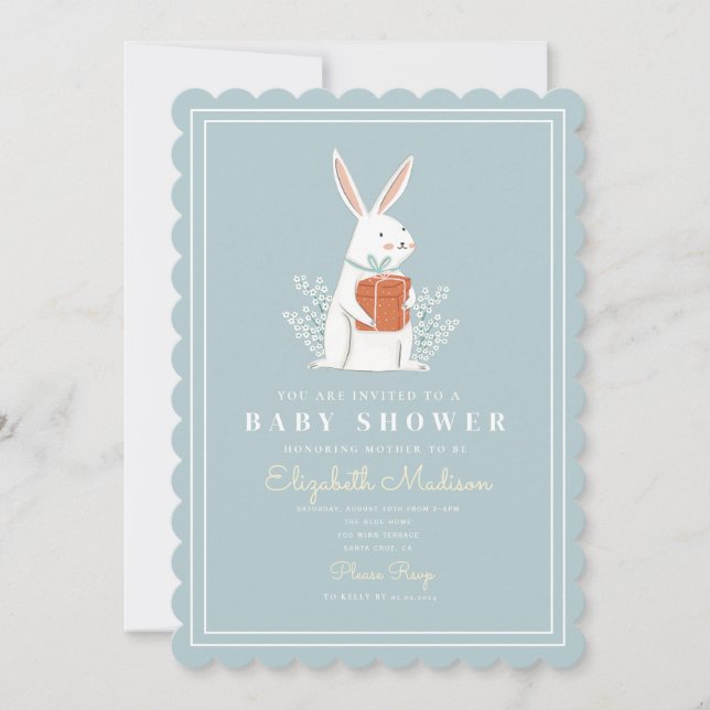Invitation Baby shower bleu lapin blanc mignon (Devant)