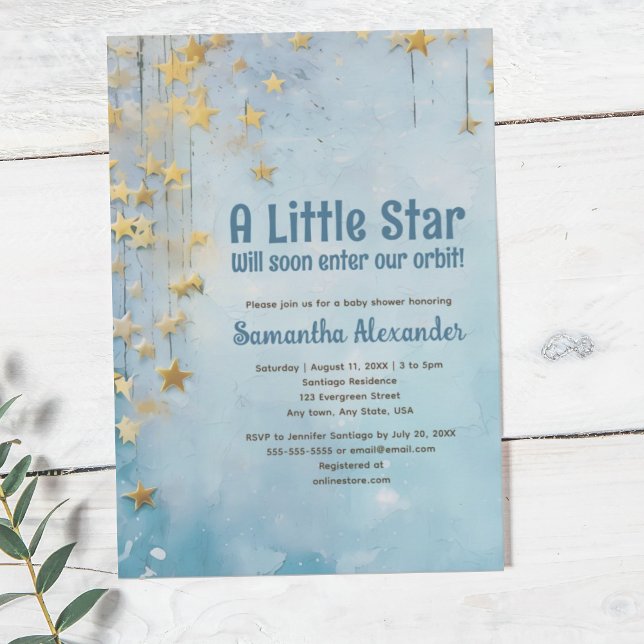 Invitation Baby shower bleu Little Star (Little Star blue baby shower invitation. Celestial. Hanging stars on twilight blue background.)