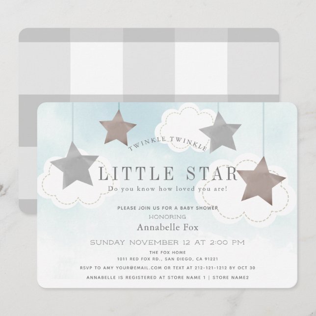 Invitation Baby shower bleu Little Star Twinkle (Devant / Derrière)