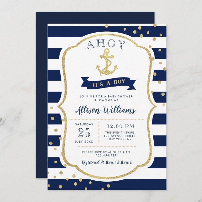 Invitation baby shower bleu marine (Devant / Derrière)