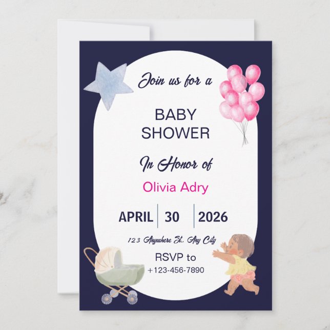 Invitation Baby Shower Bleu Marine | Aquarelle (Devant)