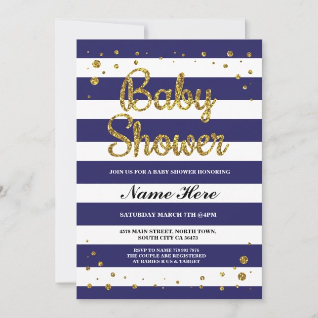 Invitation Baby shower Bleu Marine Bande or Parties scintilla (Devant)