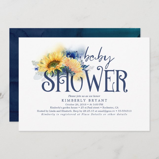 Invitation Baby shower bleu marine élégant des tournesols jau (Devant / Derrière)