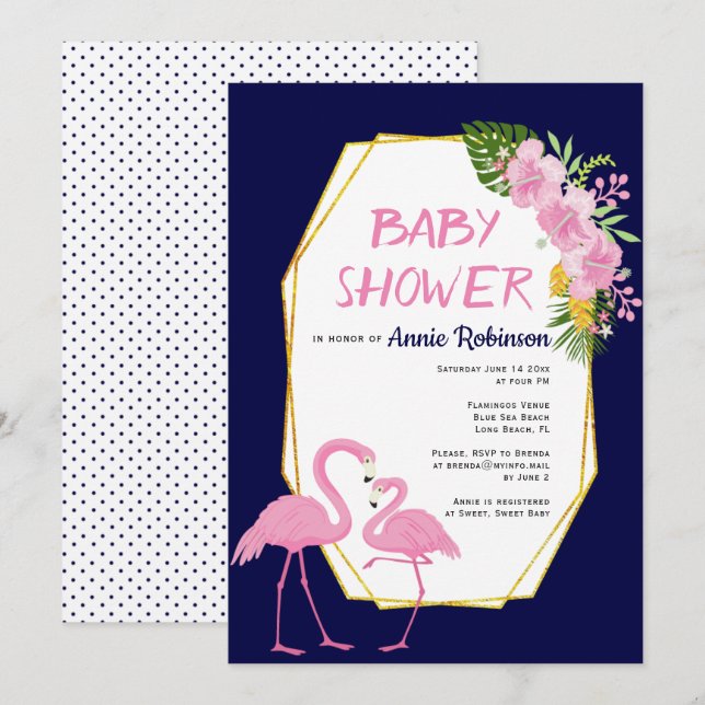 Invitation Baby shower bleu marine en polygone or rose flaman (Devant / Derrière)