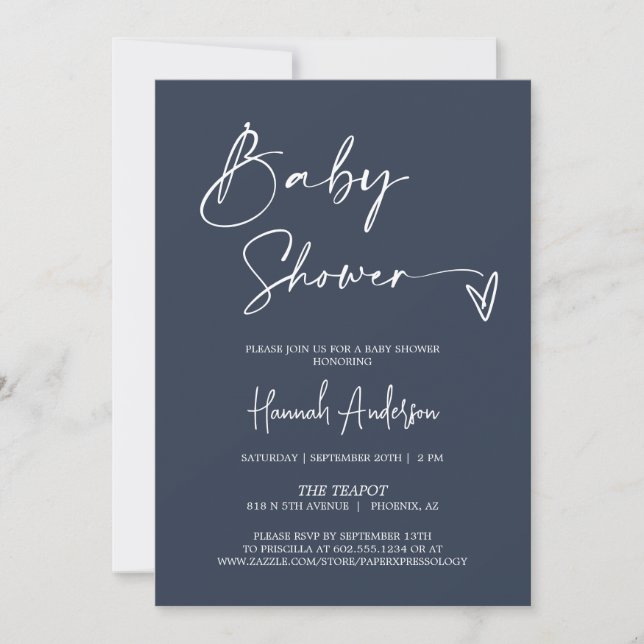 Invitation Baby shower bleu marine moderne simple QR Code pho (Devant)