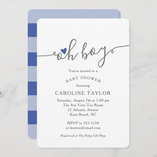 Invitation Baby shower bleu marine simple Oh Boy (Devant / Derrière)