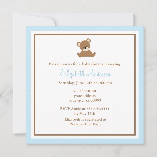 Invitation Baby shower bleu mignon d'ours (Devant)