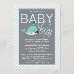Invitation Baby shower bleu moderne Garçon petite baleine mou
