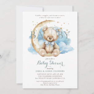 Invitation Baby shower bleu moderne Teddy Bear Moon Stars