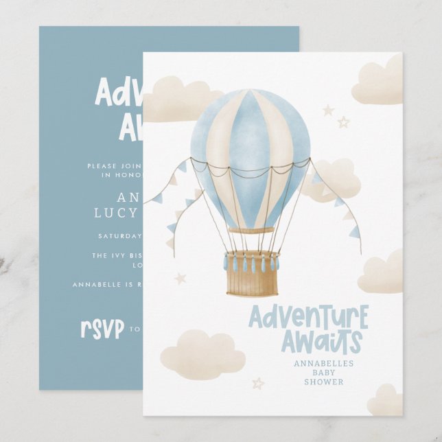 Invitation Baby shower bleu montgolfière aventure (Devant / Derrière)