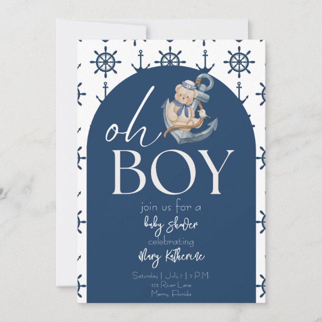 Invitation Baby shower bleu Nautique Teddy Bear (Devant)