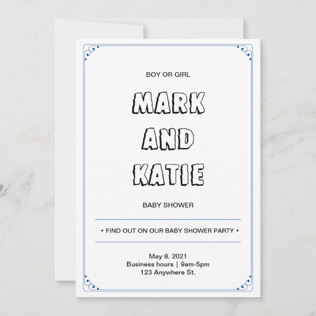 Invitation Baby shower bleu neutre à la frontière simple (Devant)