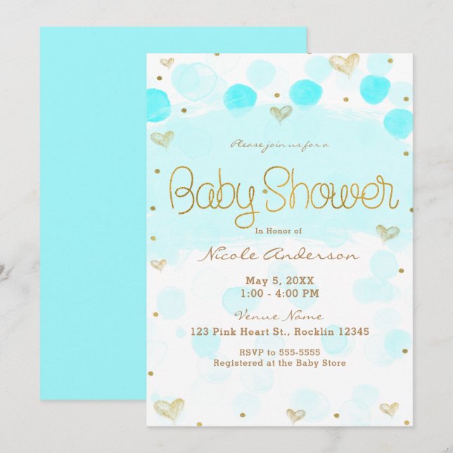 Invitation Baby Shower Bleu Or Blanc Points et Cœurs (Devant / Derrière)