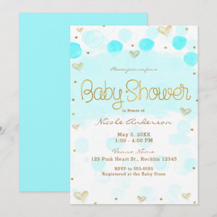 Invitation Baby Shower Bleu Or Blanc Points et Cœurs