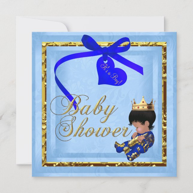 Invitation Baby Shower Bleu Or Garçon Prince (Devant)
