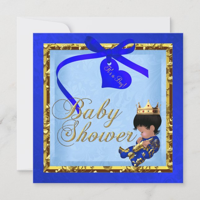 Invitation Baby Shower Bleu Or Garçon Prince (Devant)