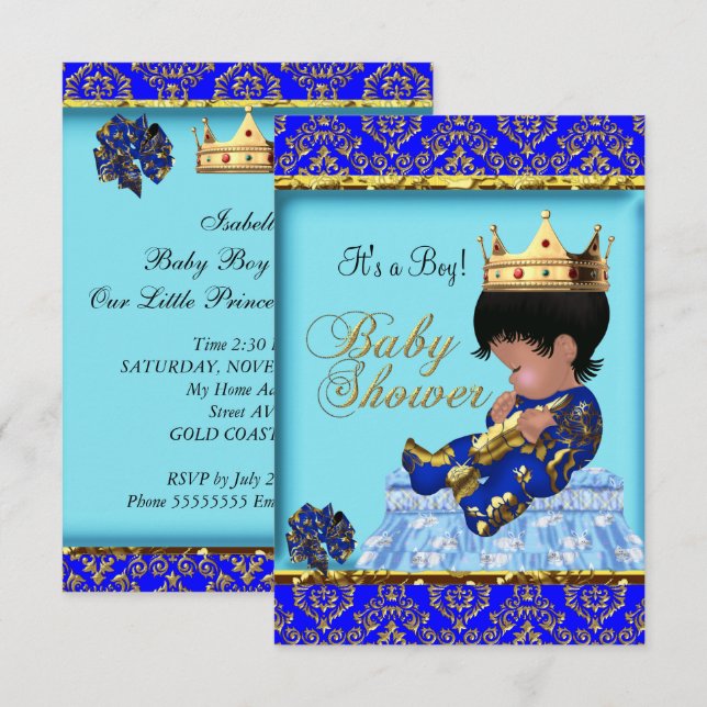 Invitation Baby Shower Bleu Or Garçon Prince (Devant / Derrière)