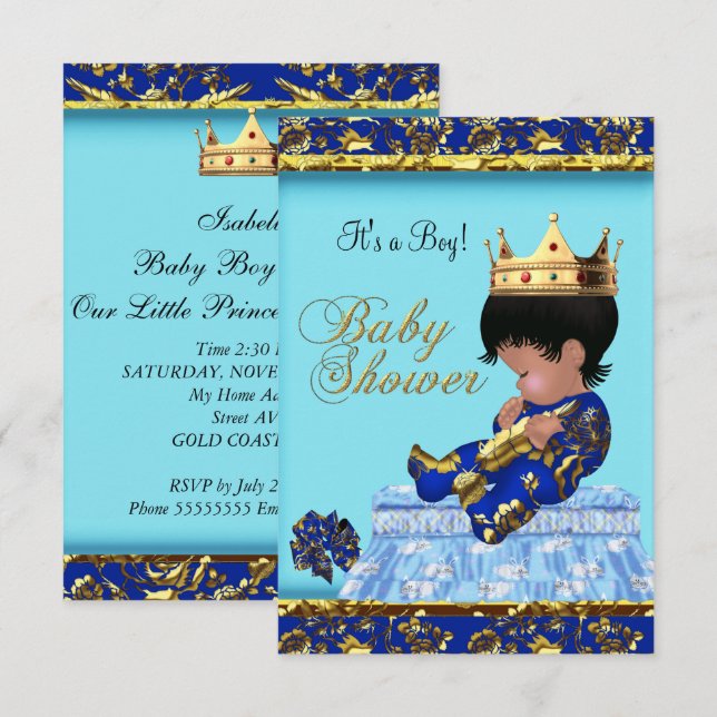 Invitation Baby Shower Bleu Or Garçon prince (Devant / Derrière)