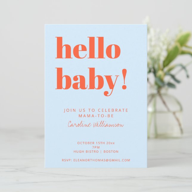 Invitation Baby Shower Bleu Orange Gras Moderne Mixte (Debout devant)