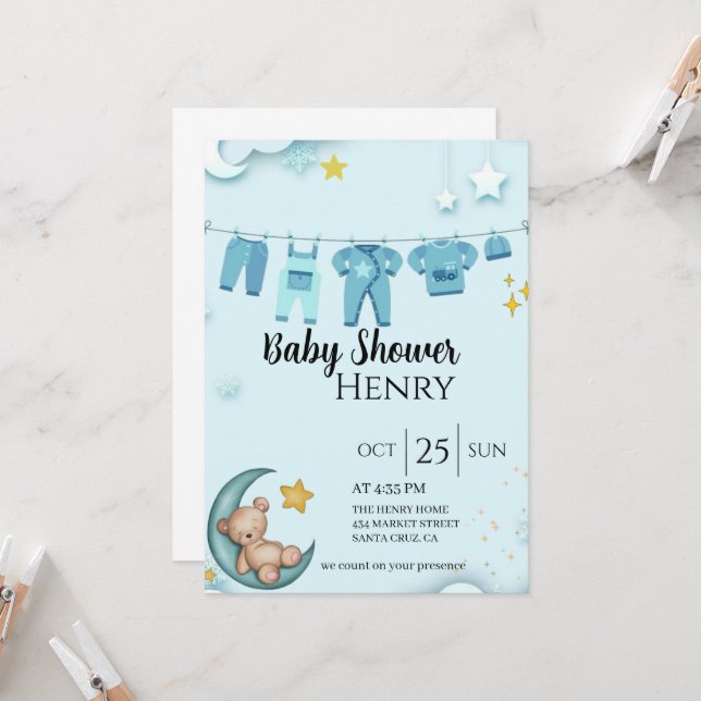 Invitation baby shower bleu ours en peluche (Devant/Arrière en situation)
