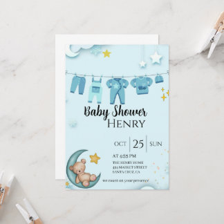 Invitation baby shower bleu ours en peluche