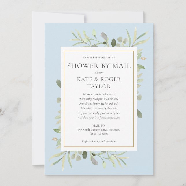 Invitation Baby-Shower Bleu Par La Poste Grande Distance Verd (Devant)