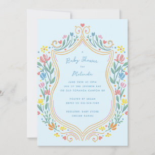 Invitation Baby shower bleu Pastel Floral Shield Spring